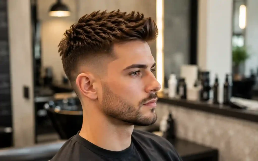 Beste Frisuren – moderne Männerfrisur mit kurzem Fade und strukturiertem Deckhaar