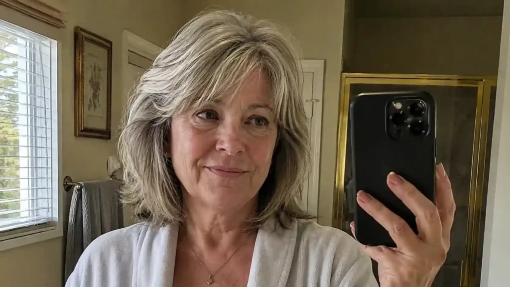 Frau zeigt stufigen Bob als Beispiel für Frisuren mittellang ab 50
