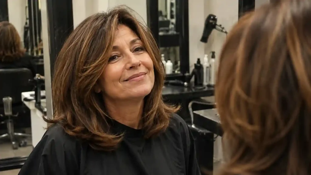 Frau nach dem Friseurbesuch mit neuem Long Bob im Salon
