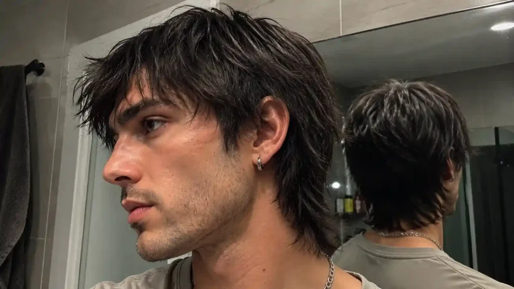 Wolf Cut Männer mit glatten Haaren und Textur-Produkt